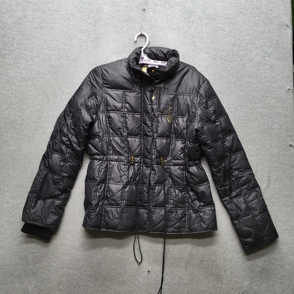 Baby Phat Women Jacket L Black Cat Logo Embroidery Down Puffer Gold Trim Button